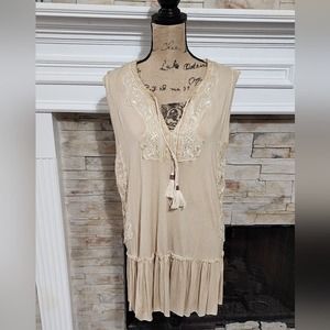 POL super soft tan boho embroidered floral peasant tunic dress size large new!!!